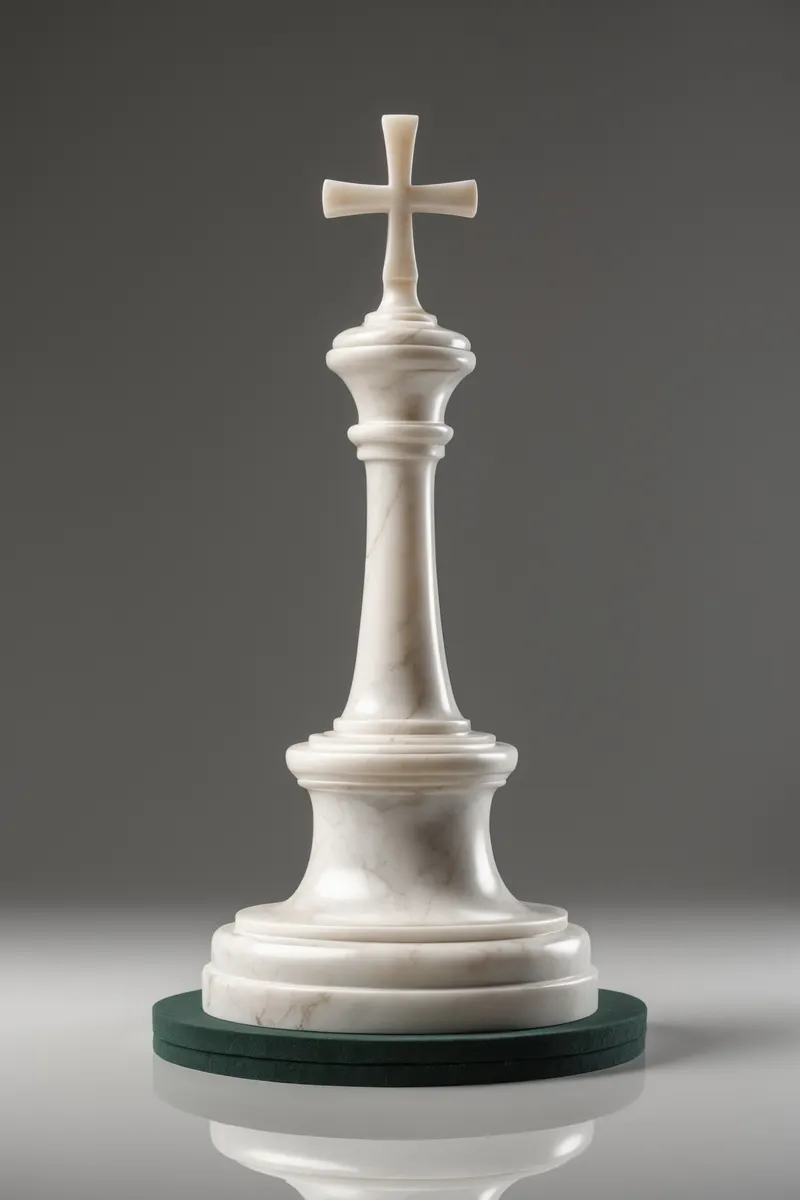 White marble chess king with a cross finial on a green felt base