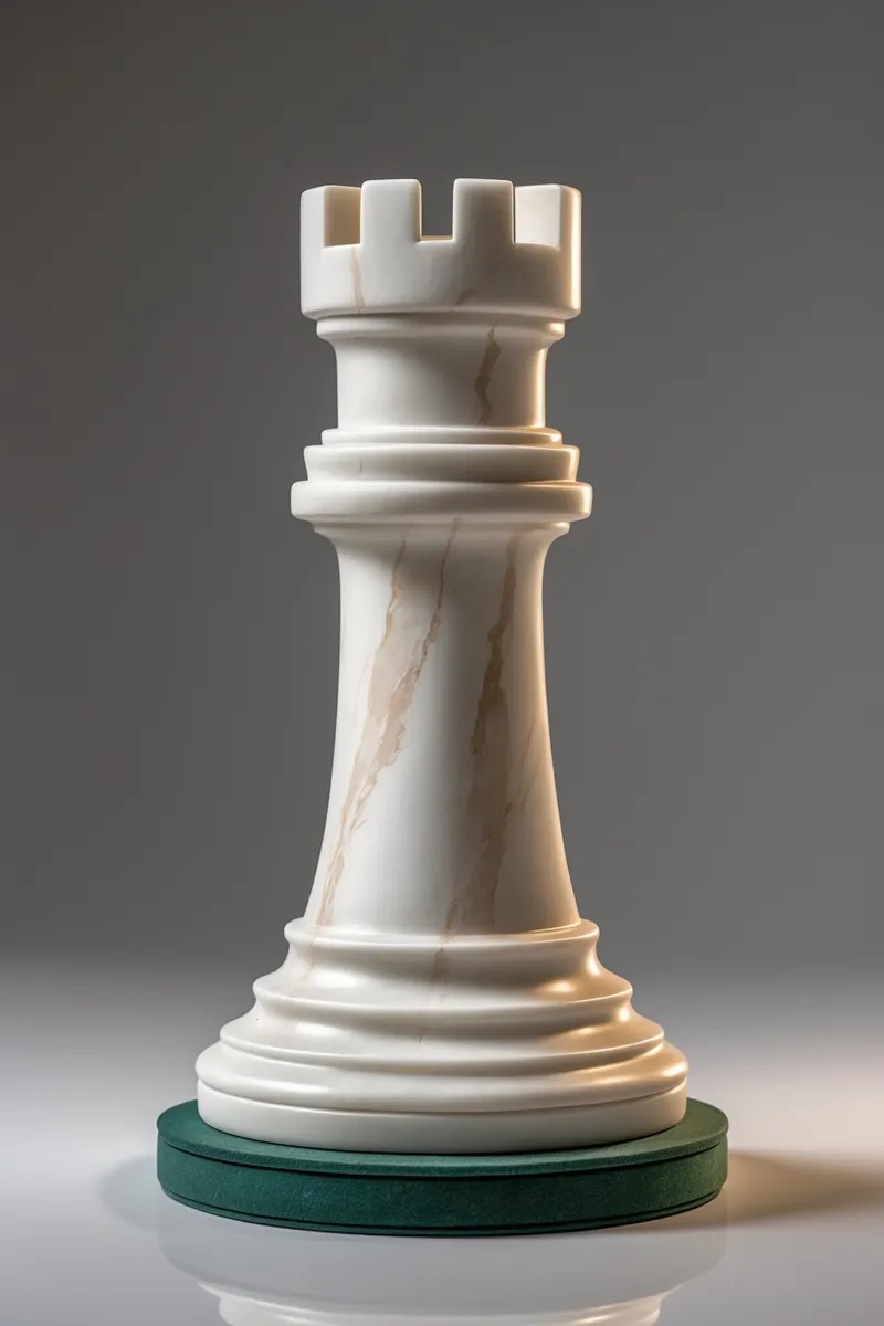 White marble chess rook carved as a castle turret